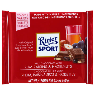 RITTER SPORT MILK CHOCOLATE with Rum Raisins & Hazelnuts, 100 g
