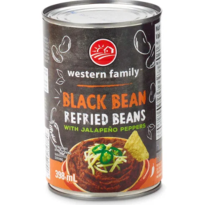 WESTERN FAMILY REFRIED BLACK BEAN JALAPENO [398 ML]