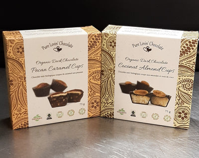 PURE LOVIN' CHOCOLATE Pecan Caramel Cups, Coconut Almond Cups PB Cups, 4pk (specify choice in Cart
