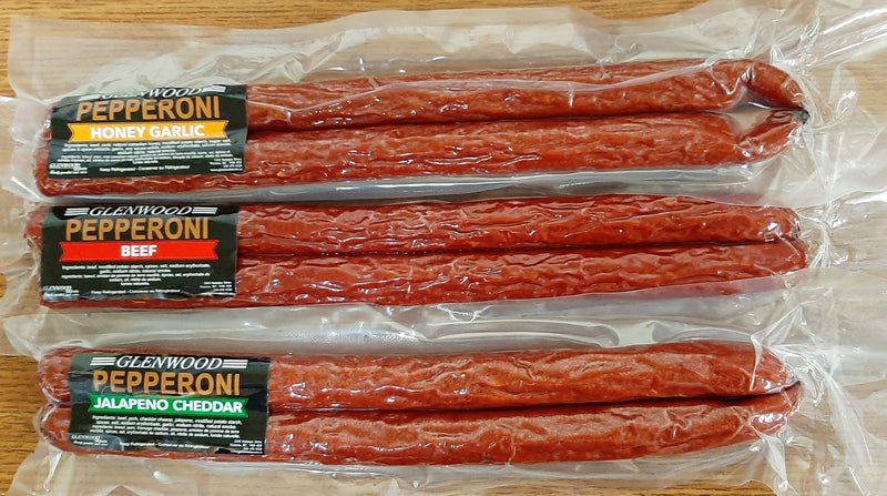 GLENWOOD MEATS PEPPERONI - Beef OR Honey Garlic OR Jalapeno Cheddar, 2pk (Specify choice in Notes)